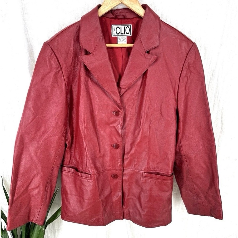 Vintage 90s Red Leather Blazer Jacket Womens Large Elevated Button Front Pockets